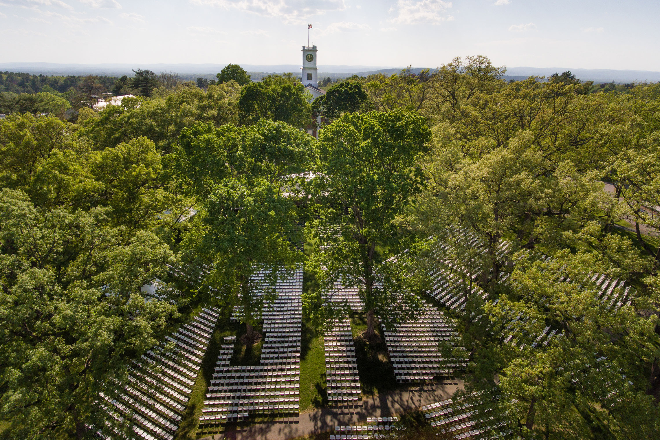Aerial view of the Academic Quad just before Commencement.