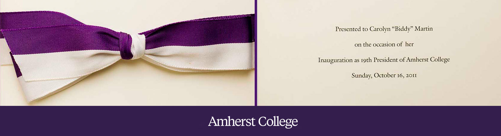 a purple and white bow and text the the program for the inauguration of president biddy martin