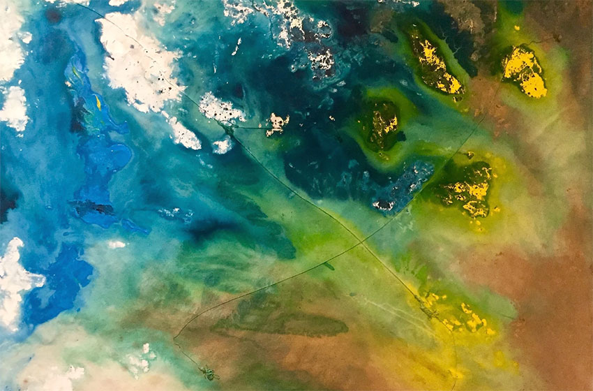 abstract water color painting of blues, greens and yellows blending together
