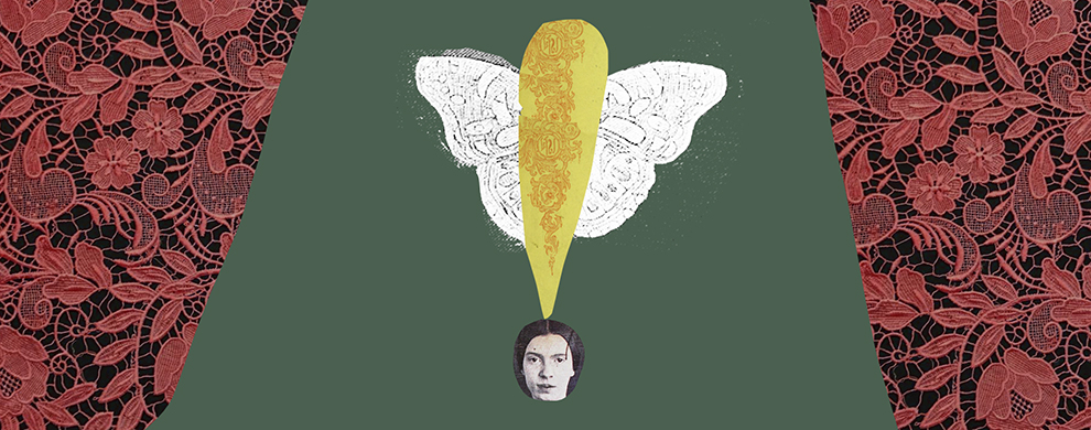 An illustration of an illustration point with wings and Emily Dickenson's head as the period