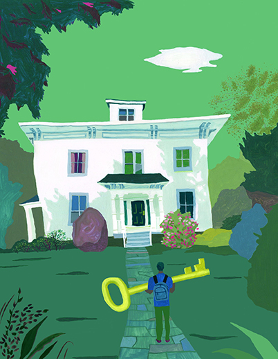 A illustration of a person with a giant key walking to a white house