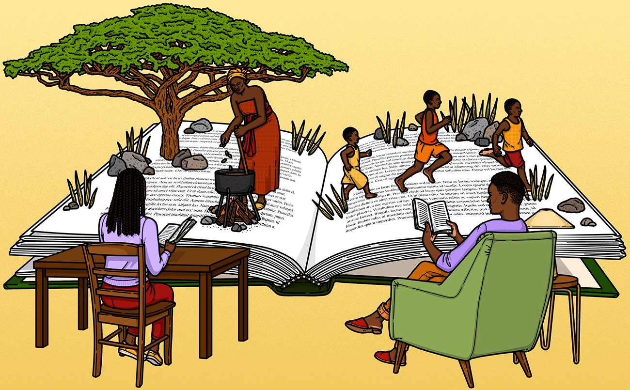 An illustration of a book opened with a tree and children playing on top of it