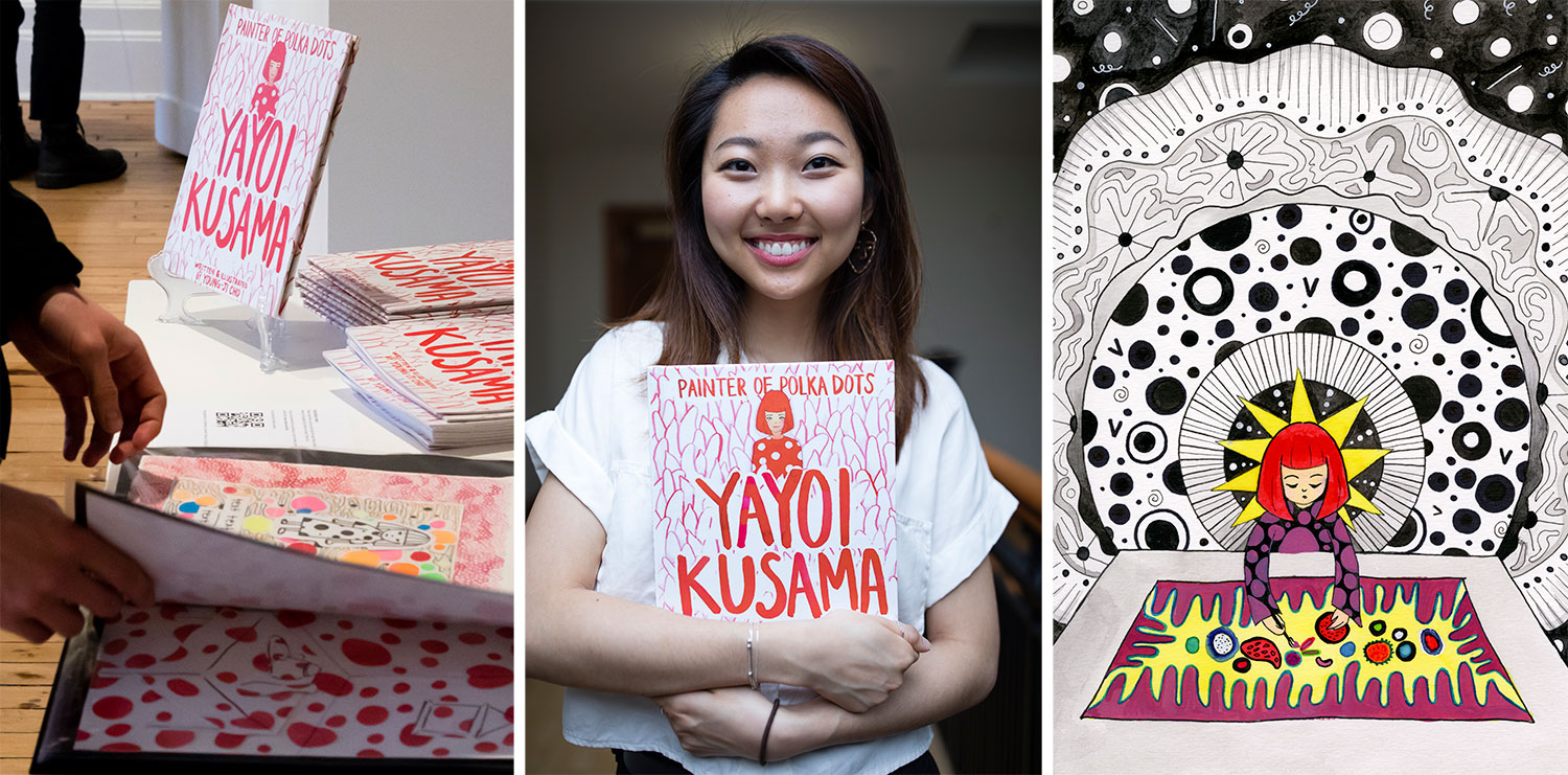 Hands flipping through book, portrait of Young-Ji Cho holding her book, colorful illustration of Yayoi Kusama painting