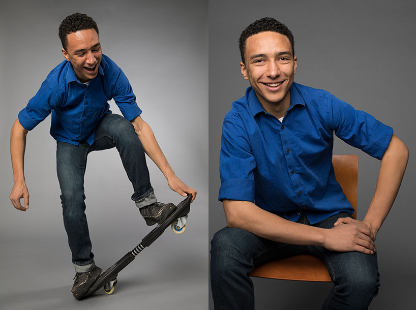 Portraits of Aahnix Bathurst-Williams ’19, one on a skateboard, one sitting on a chair, smiling.