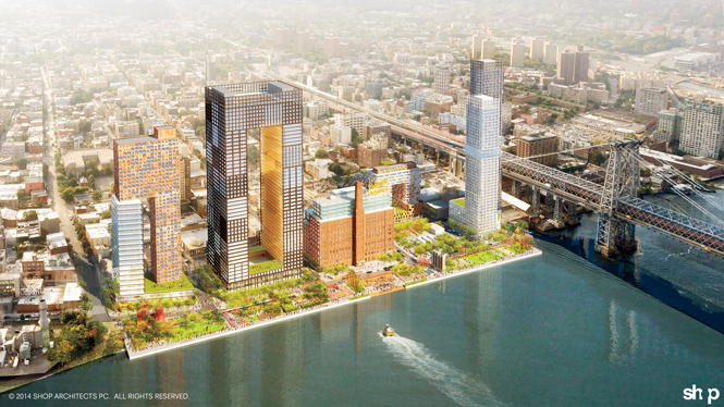 Architect's rendering of planned redevelopment of Brooklyn's Domino Sugar Plant.