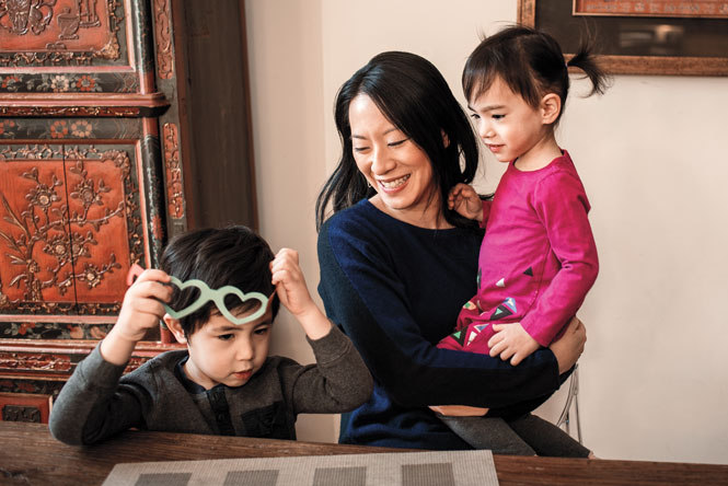Deanna Fei '99 at home with son, Leo and daughter, Mila