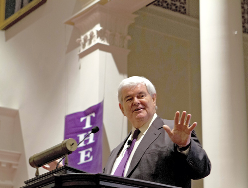 Newt Gingrich speaking in Johnson Chapel