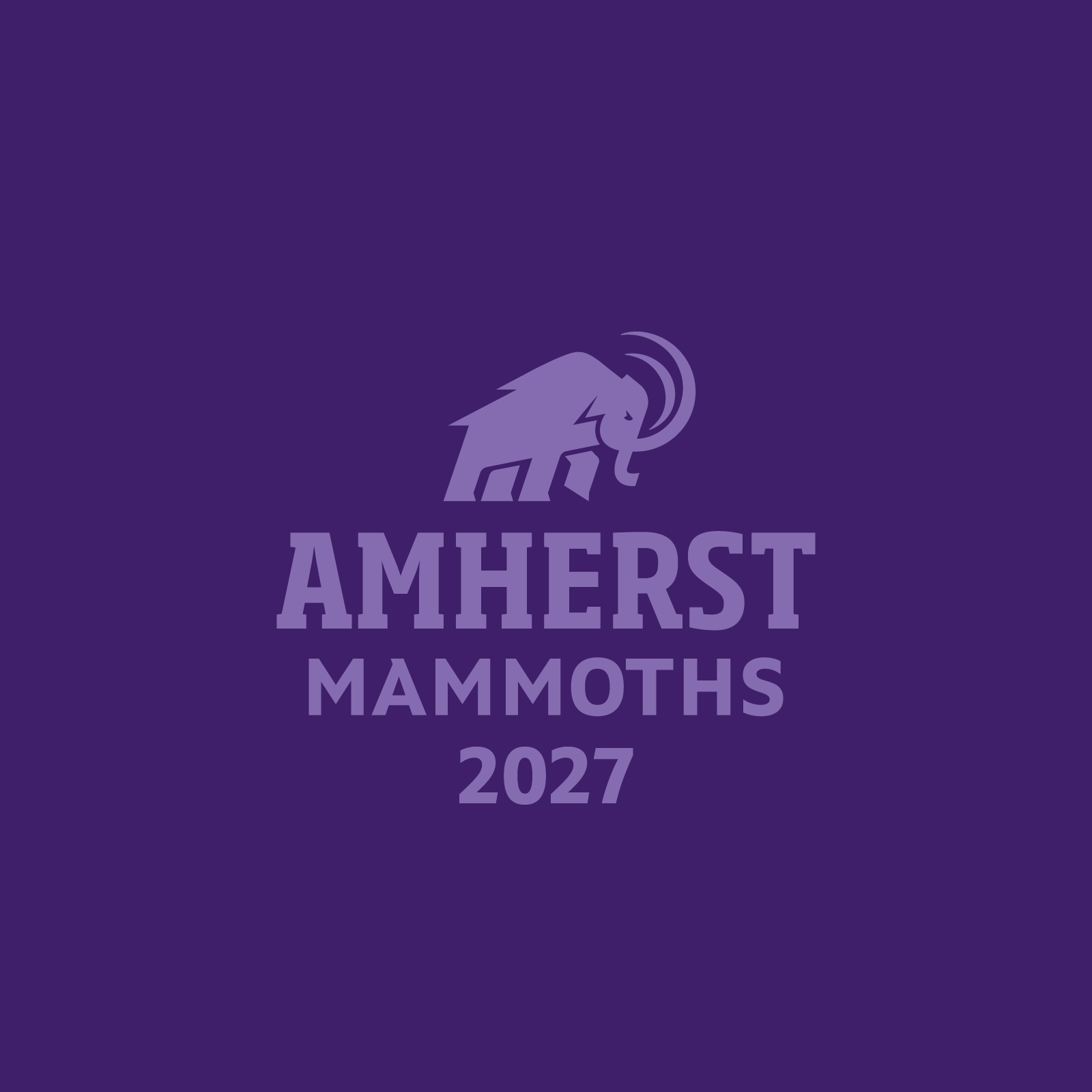 The Amherst Mammoth against a purple background with the words Amherst Mammoths 2027