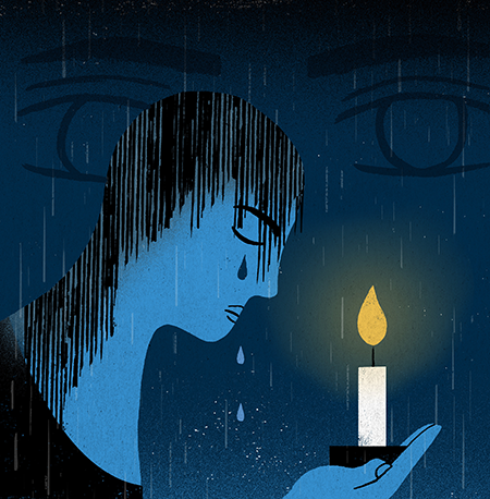 An illustration of a woman holding a candle in the rain