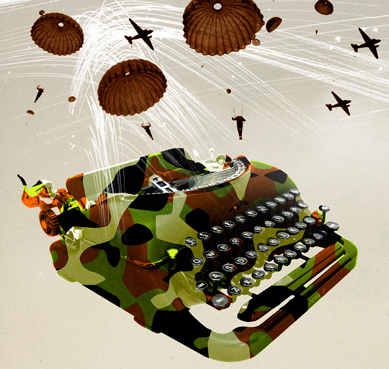 An illustration of a camouflaged typewriter with parachuters at the top of the image
