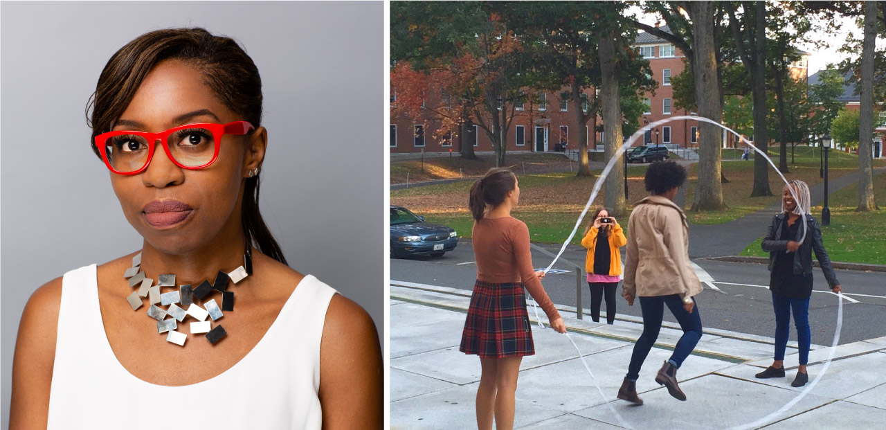 Professor Aneeka Henderson portrait on left and a photo of students doing Double Dutch with jump ropes