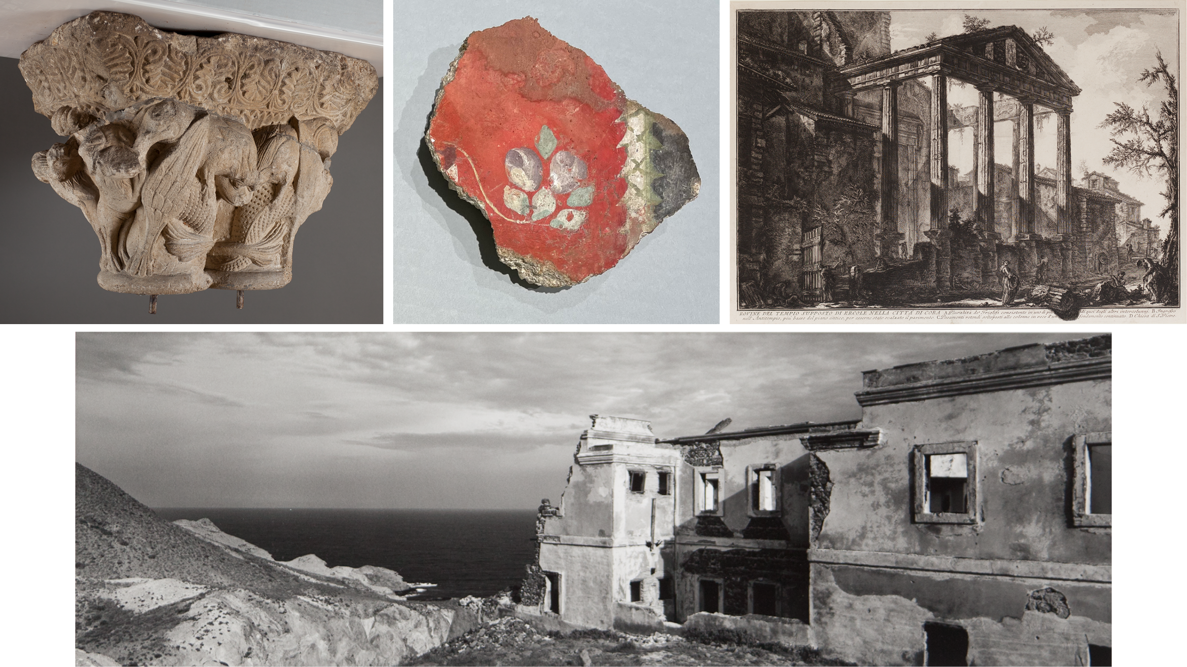 Four images: a ruined column, a piece of plaster, an etching of a temple and one of a panoramic view of the ocean.