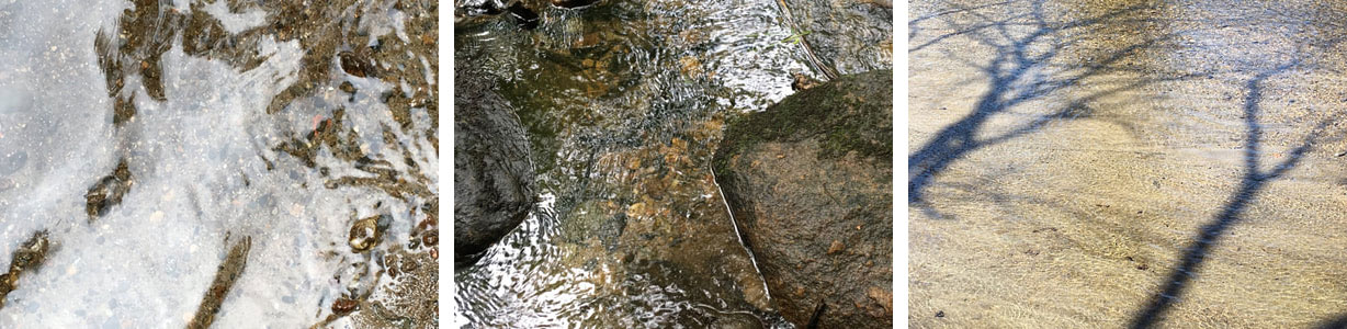 close up images of a stream, and water pooling around rocks