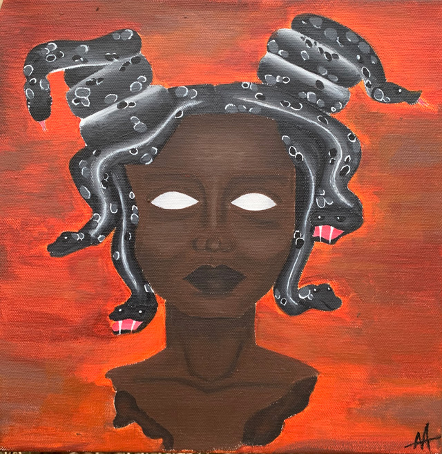 painted portrait on red background of a figure with dark skin, white eyes, and snakes for hair