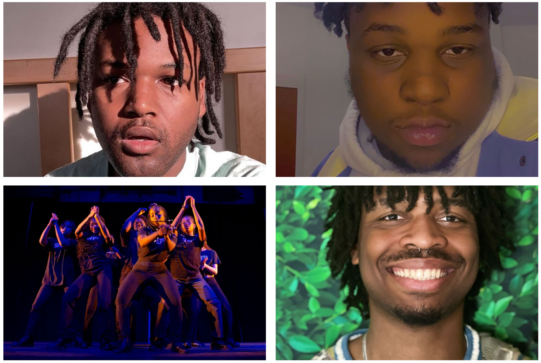Self portraits of three young Black men and a photo of a group of dancers performing on stage