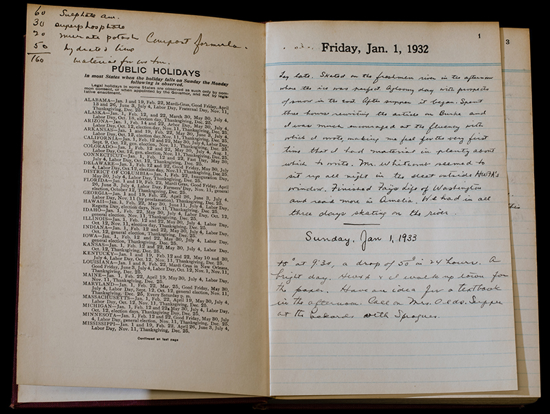 A photo of a diary opened up to a page from January 1, 1932