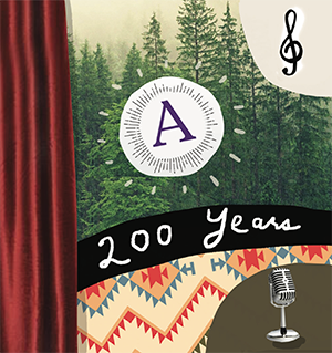 A collage with the Amherst College logo and 200 Years written across  a forrest