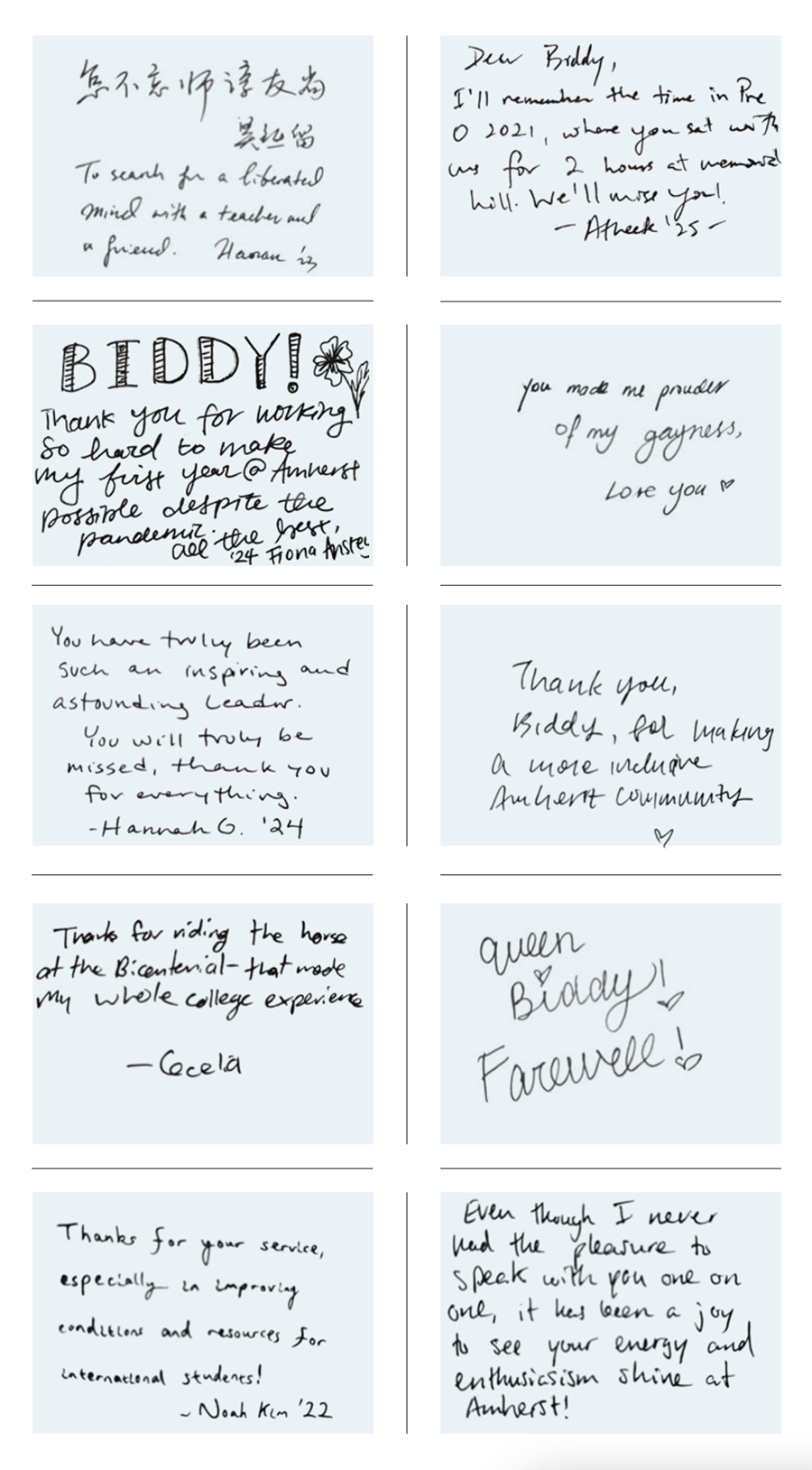 A series of ten handwritten notes in 5 two by two rows