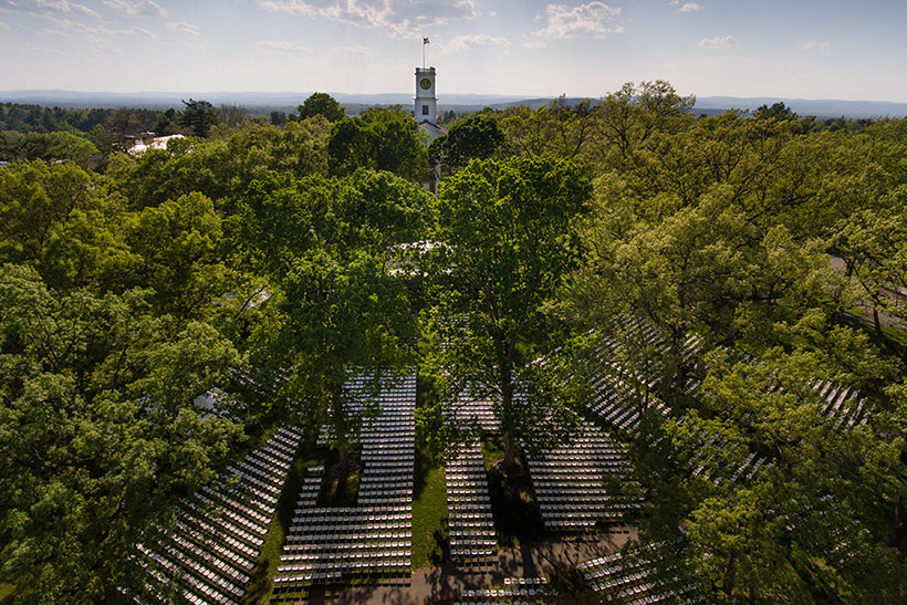 Aerial view of Commencement set-up on the Quad