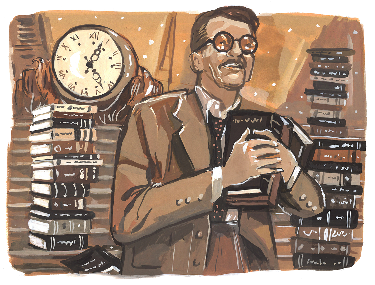 An illustration of a man surrounded by and clutching books