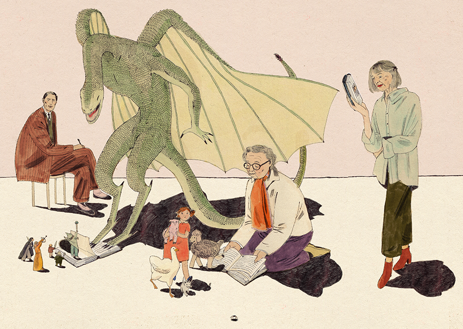 An illustration of people sitting around a dragon