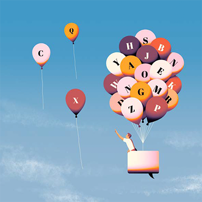 An illustration of a hot air balloon with letters on the balloons