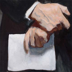 A painting of a man's hands holding a piece of paper