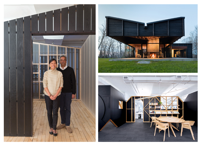 Three photos of Katherine Chia and her husband, a modern house with a winged roof and the interior of a New York City Office