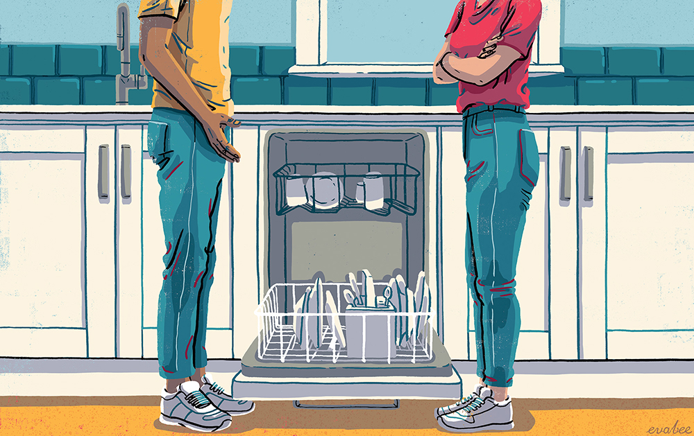 An illustration of two people in a kitchen standing in front of an open dishwater