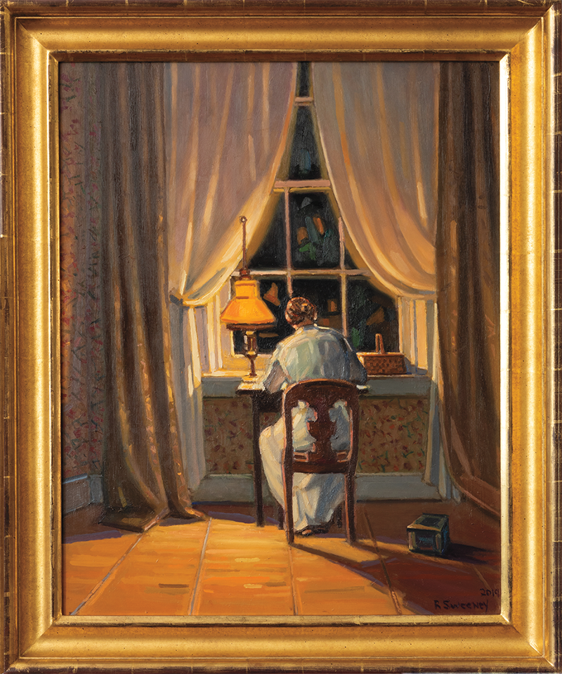 A painting of Emily Dickinson from within her lamp-lit room