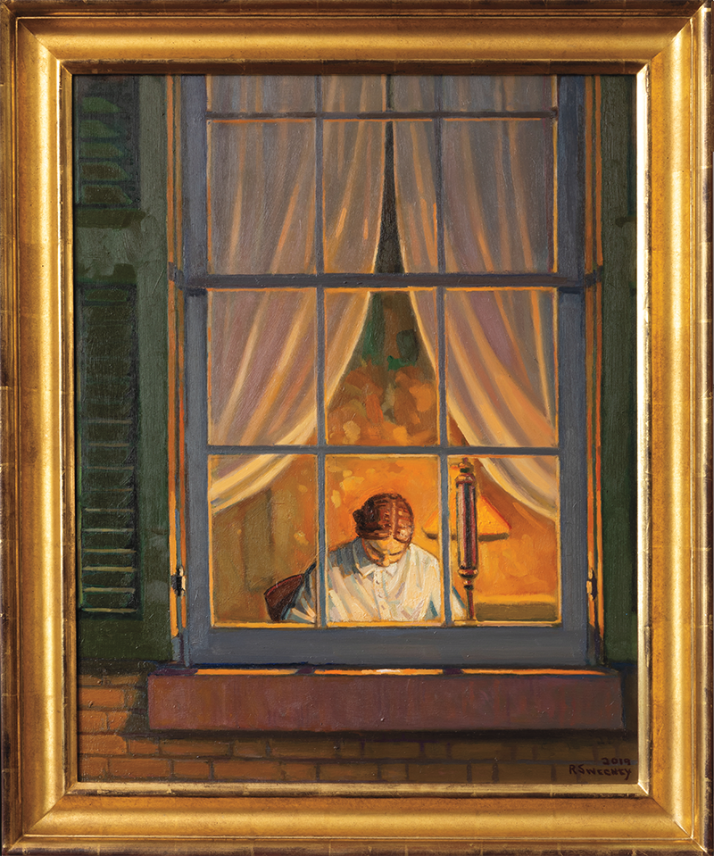 A painting of Emily Dickinson from outside her lamp-lit room