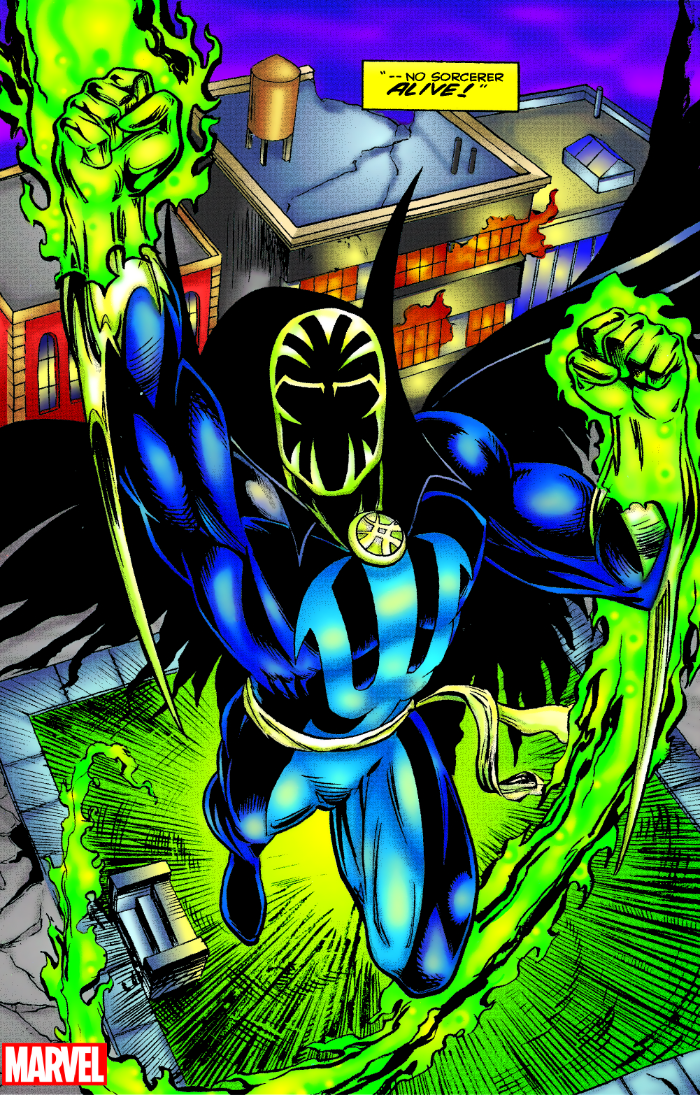 A comic book still of a masked superhero emerging from green slime