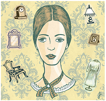 An illustration of Emily Dickinson surrounded by household objects
