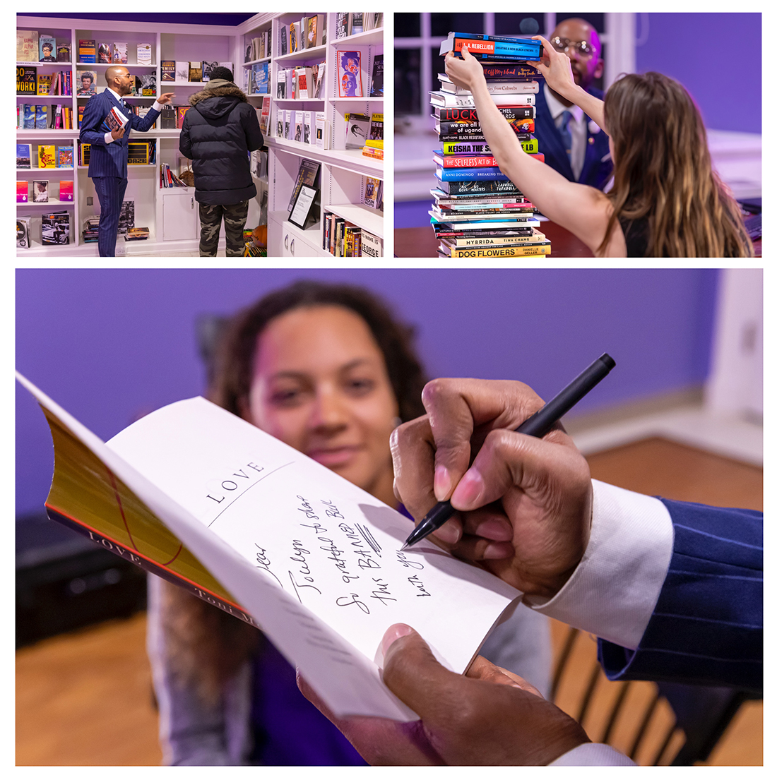 A collage of people in a book store and a person signing a book