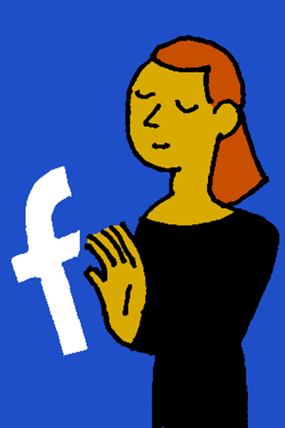 An illustration of a young woman holding the Facebook "F" logo