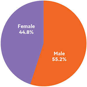 A pie chart divided into two slices; a purple slide marked female 44.8% and an orange slide marked 55.2%