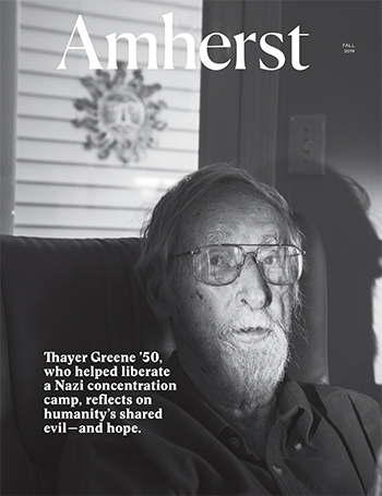 The cover of the fall 2019 Amherst Magazine, a black and white photo of an older man