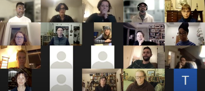A Zoom meeting with 20 video squares in a 5 by 4 grid