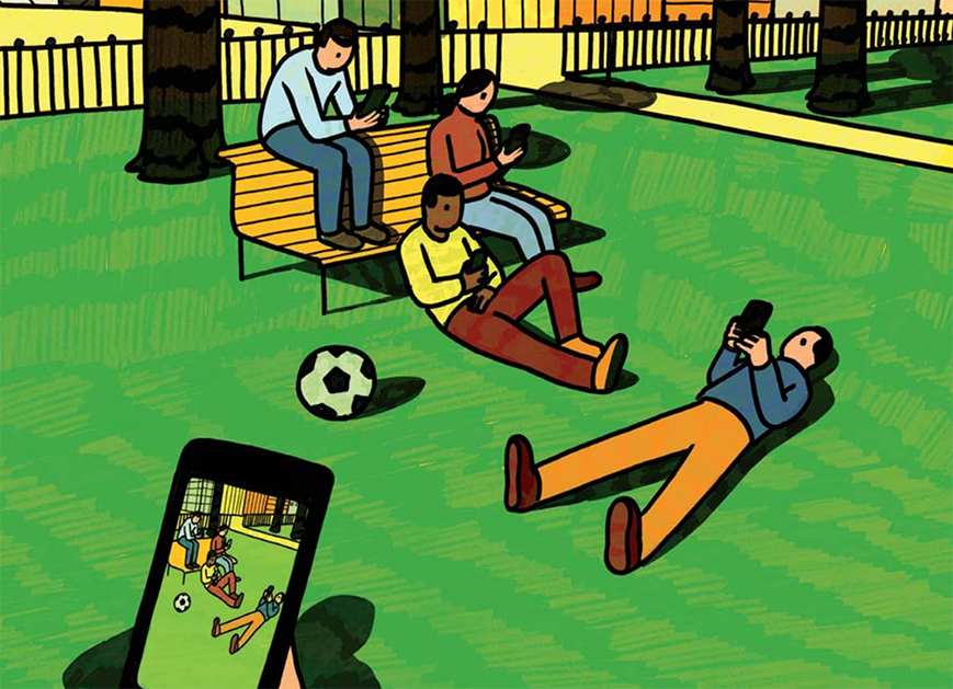 An illustration of a cellphone taking a picture of people in the park on their cellphones
