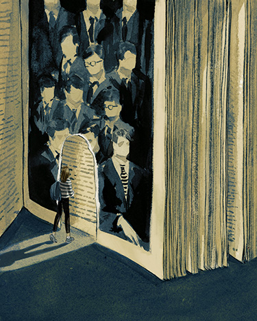 An illustration of a person walking through a doorway cut into a book