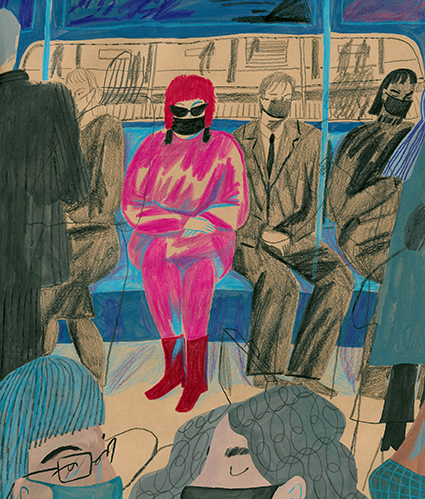 An illustration of a woman wearing pink sitting in a subway
