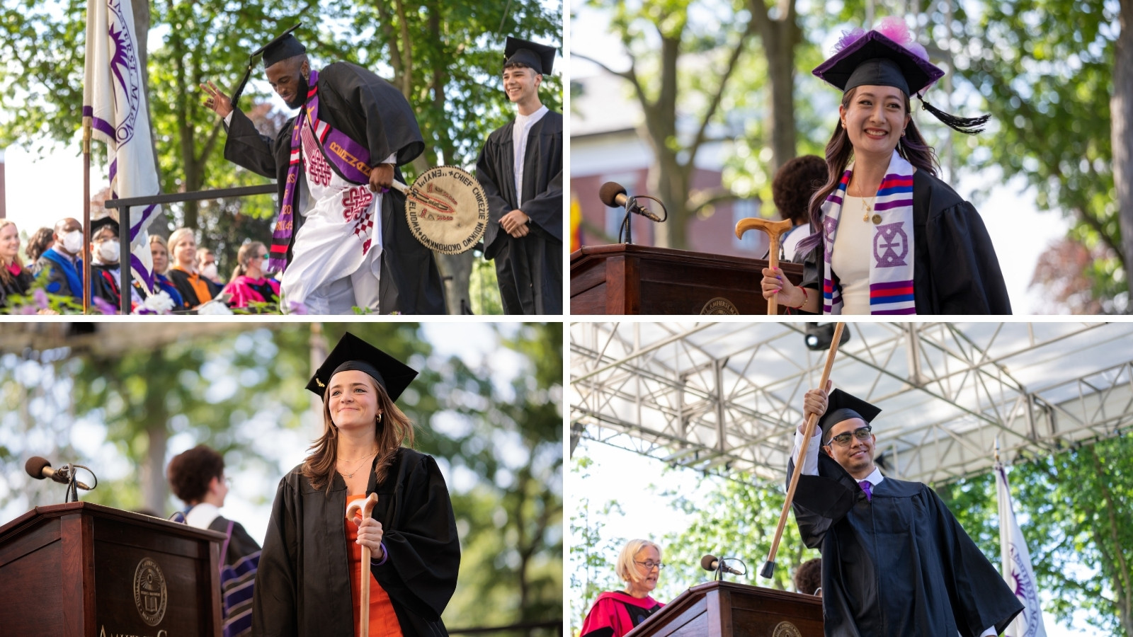 A four-photo collage of students graduating in commencement regalia