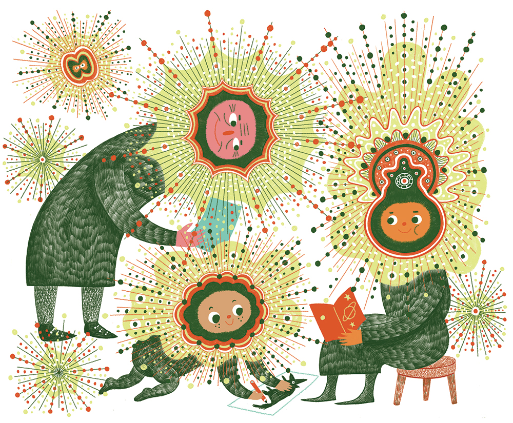 An illustration of a family with suns as faces