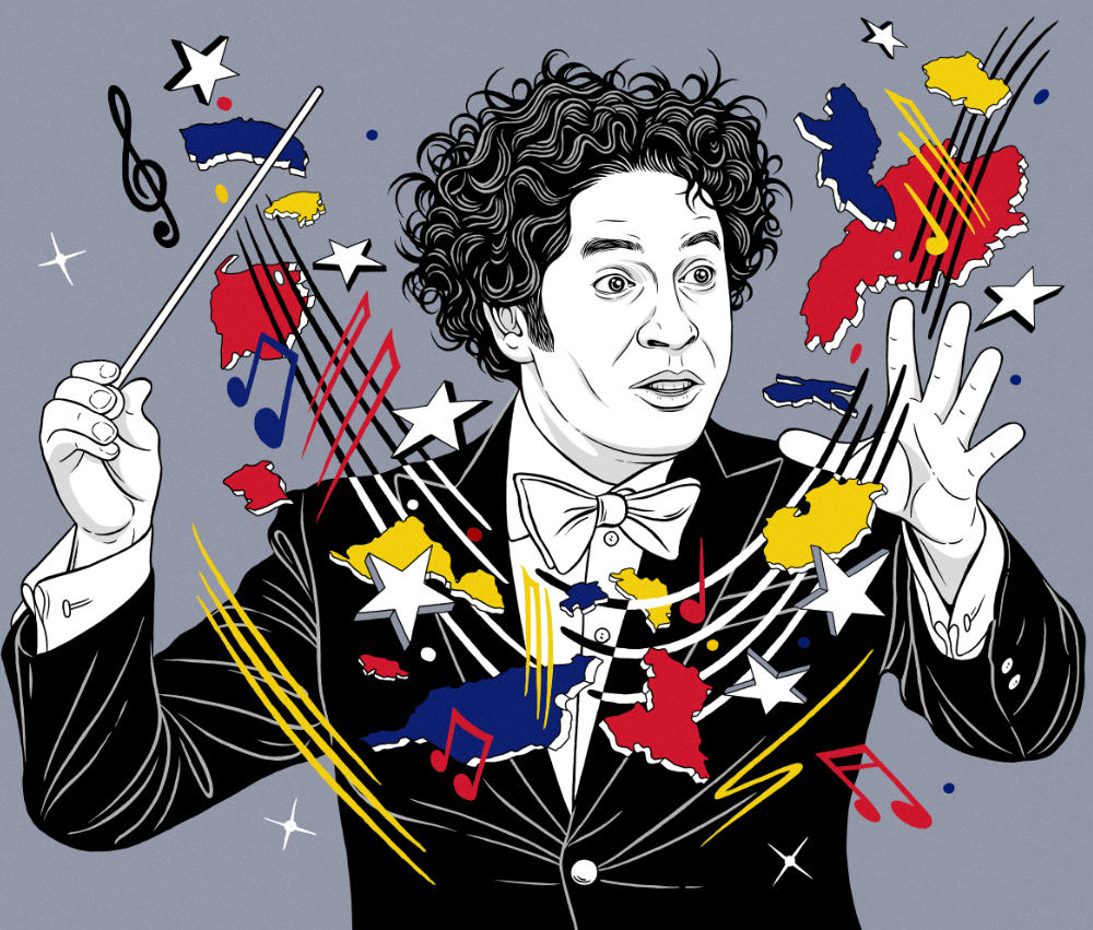 An illustration of a man conducting with musical notes swirling around him