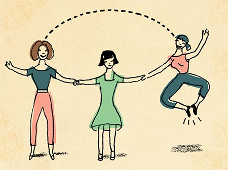 An illustration of three women holding hands