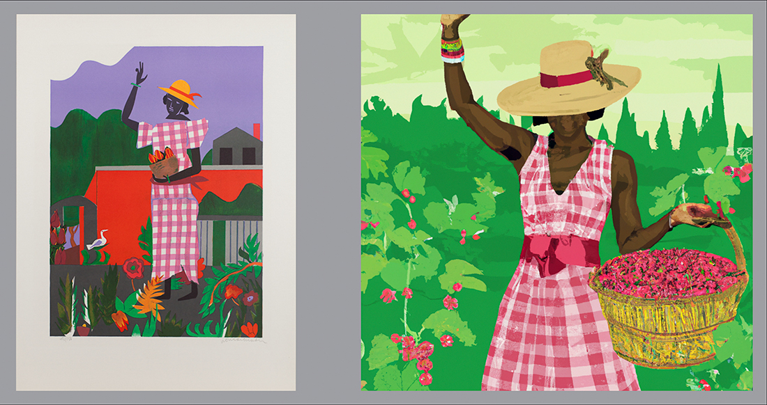 Tow illustrations of a Black woman in a pink summer dress and hat