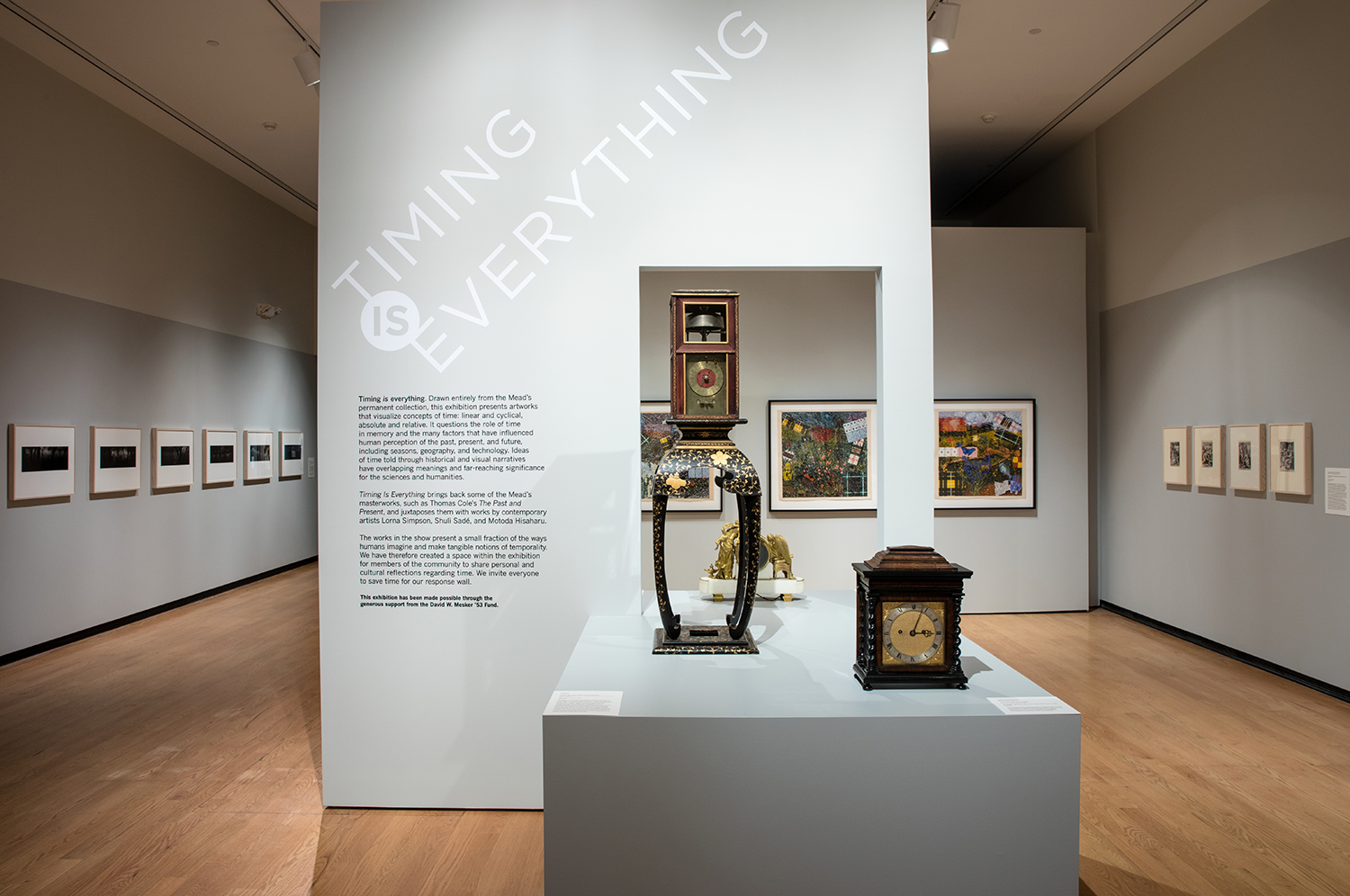 Installation view of the Timing is Everything exhibit at Mead Art Museum