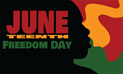 Red, gold, green and black graphic promoting Juneteenth Freedom Day