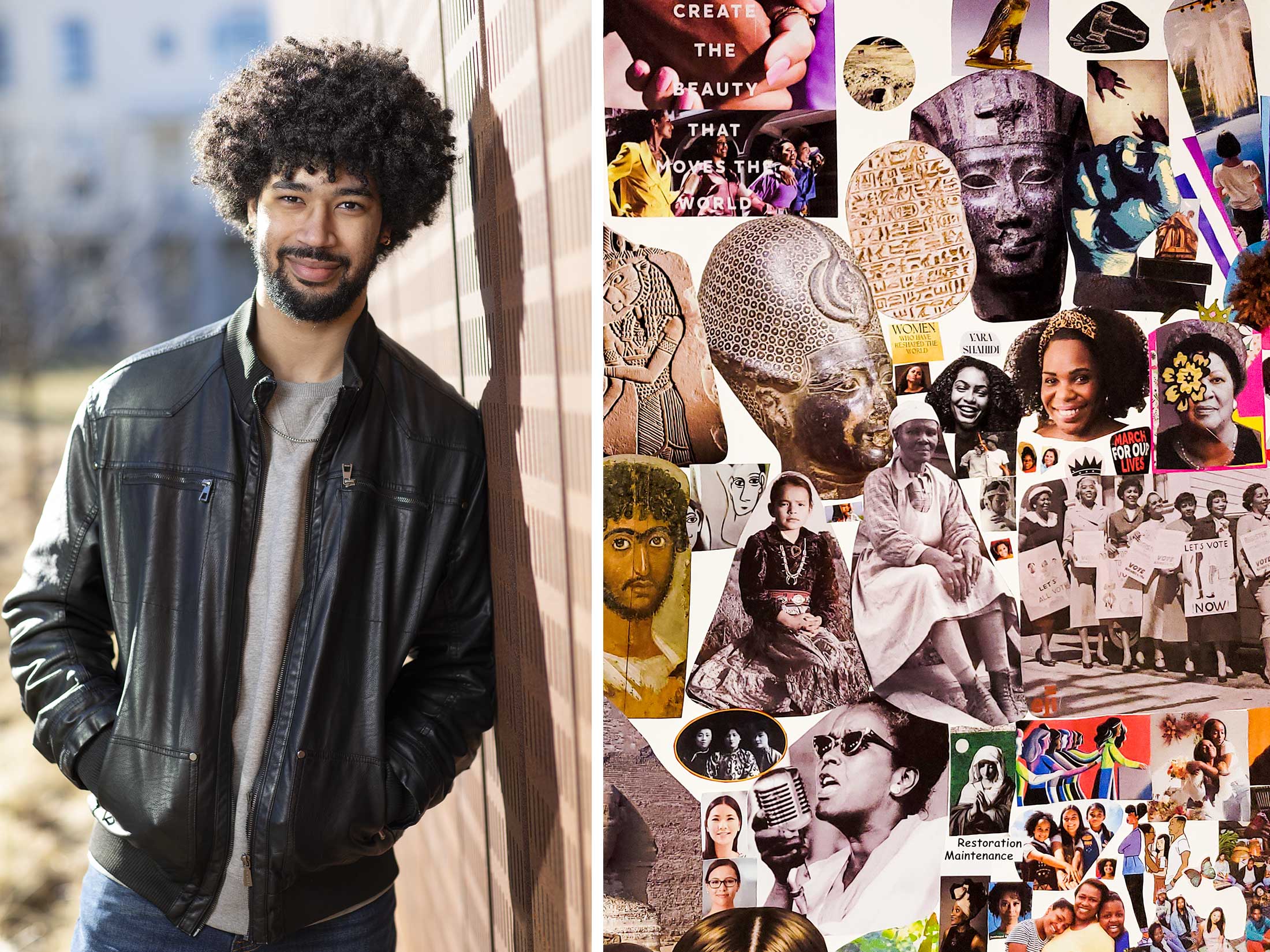 A young Black man, smiling, in a leather jacket leans agains a brick building. And an art collage of Black women.