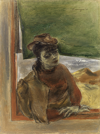 A muted-color painting of a woman wearing a dress leaning on a window